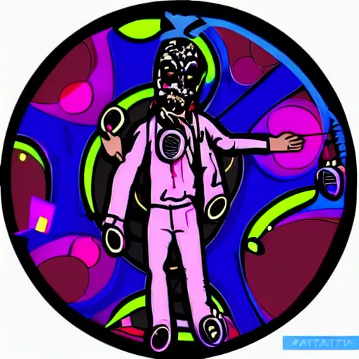 Image similar to svg sticker of a Dancing-Alex-Grey-Psychedelic-Rave-Man, at a rave, spinning records, giant headphones rocking out, wearing headphones, huge speakers, dancing, rave, DJ, spinning records, digital art, amazing composition, rule-of-thirds, award-winning, trending on artstation, featured on deviantart