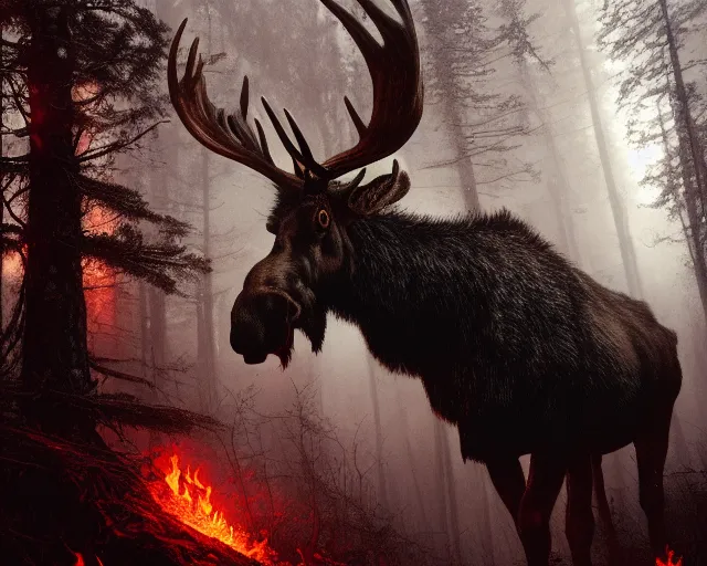 Image similar to 5 5 mm close up portrait photo of an armored demonic fire breathing moose with red eyes and antlers and looking at the camera, in a magical forest. dark atmosphere. art by greg rutkowski and luis royo. highly detailed 8 k. intricate. lifelike. soft light. nikon d 8 5 0.