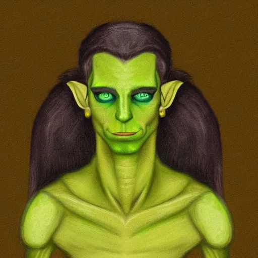 Prompt: a green-skinned elf, color portrait