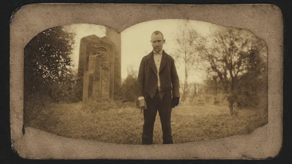 Prompt: a sepia toned photo of a man standing in a graveyard, a polaroid photo by John Thomson of Duddingston, deviantart, gothic art, tintype photograph, ambrotype, calotype