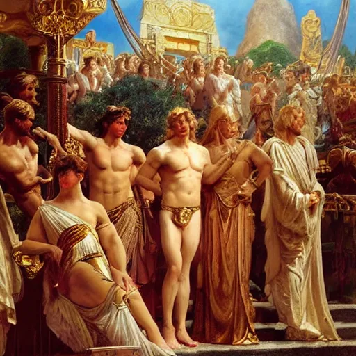 Prompt: hercules gives achilles the side - eye while they wait in line to worship at zeus's feet, throne of olympus, heavenly marble, gods and goddesses in elegant clothes, painting by gaston bussiere, craig mullins, j. c. leyendecker, tom of finland