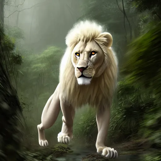 Image similar to commission portrait of a male anthro albino lion,wearing cargo pants and a boack t-shirt,going through a jungle cautiously.dramatic,character design by charles bowater,greg rutkowski,ross tran,hyperdetailed,hyperrealistic,4k,deviantart,artstation,professional photography,concept art