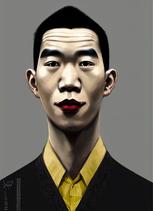 Image similar to portrait of a thai man with a crooked nose and a confident expression, 1 9 6 0 s, black clothes, goth, punk, brightly coloured hair, funk, intricate, elegant, highly detailed, digital painting, artstation, concept art, smooth, sharp focus, illustration, art by wlop, mars ravelo and greg rutkowski