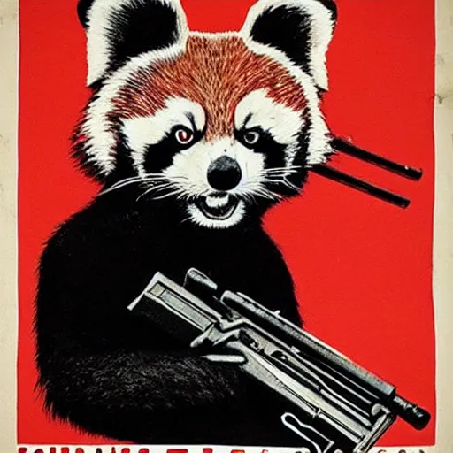 Prompt: red panda holding a rifle on a propaganda poster!!!, stencil!!, hypnotic, historical poster, germany!!, clear view, world war, circa 1 9 3 9, stencil