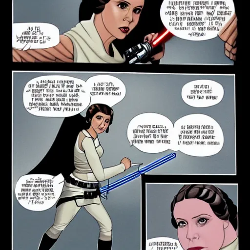 Image similar to princess leia fighting darth vader in a lightsaber battle