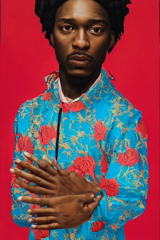 Image similar to Andre Benjamin, portrait by Kehinde Wiley!!, roses, oil paint on canvas, brushstrokes,