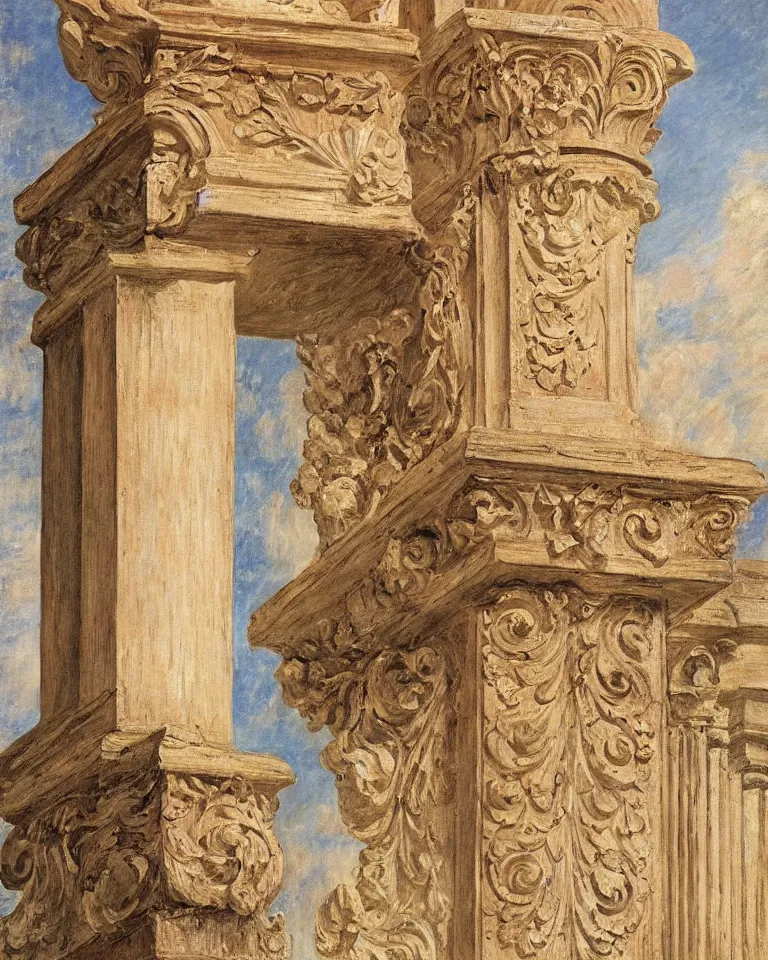 Prompt: achingly beautiful painting of intricate ancient roman corinthian capital on peach background by rene magritte, monet, and turner. giovanni battista piranesi.