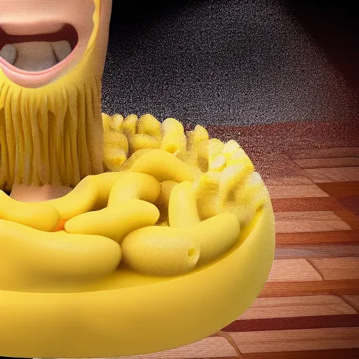Image similar to a 3 d render of a person made of macaroni and cheese