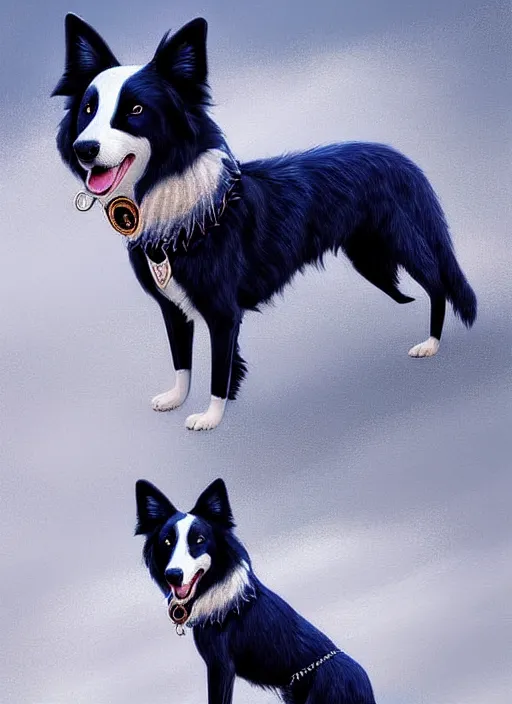 Prompt: full body digital painting of a cute male anthropomorphic border collie fursona wearing a blue dog collar and standing in the rain, furaffinity, intricate, elegant, beautiful, glamor pose, realistic proportions, highly detailed, scenic background, trending on artstation, art by charlie bowater and henry asencio and and ross tran