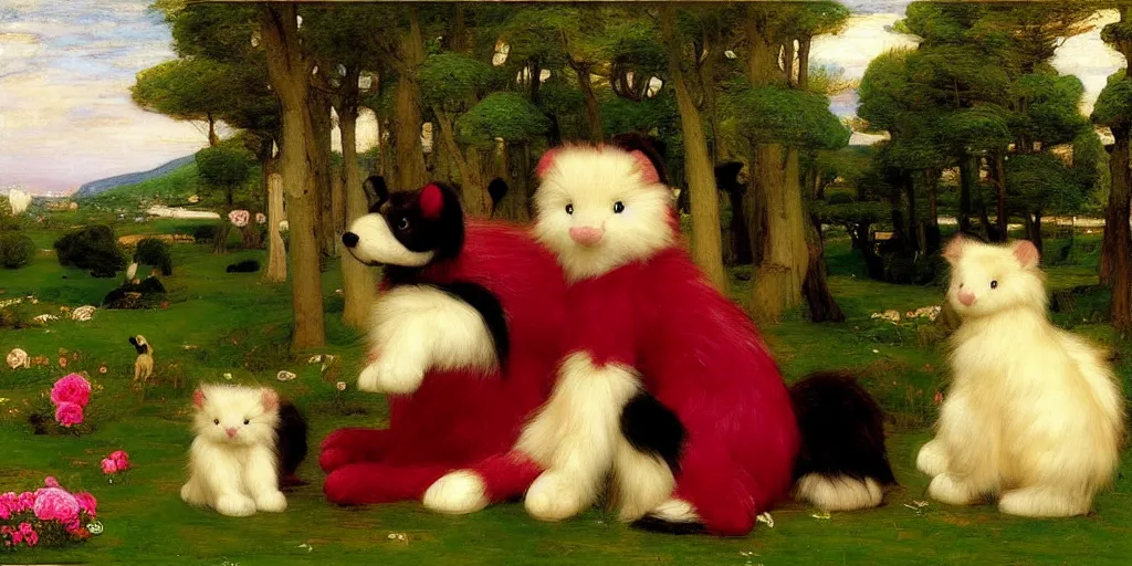 Prompt: 3 d precious moments plush animal with realistic fur and an olive green / dark red / fuchsia / off white color scheme, landscape, master painter and art style of john william waterhouse and caspar david friedrich and philipp otto runge