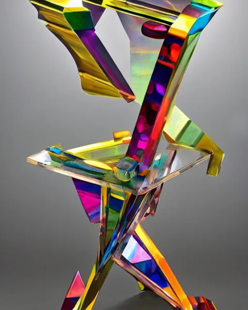 Prompt: a multicolored object sitting on top of a table, an abstract sculpture by john chamberlain, trending on pinterest, crystal cubism, angular, made of crystals, iridescent