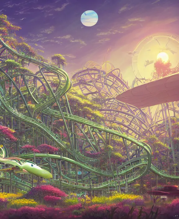 Image similar to simplicity, elegance, a roller coaster building made out of bizarre organic creatures, in the style of a streamlined asymmetrical spaceship, overgrown with flowers, sun - drenched environment, by dan mumford, yusuke murata, makoto shinkai, ross tran, cinematic, unreal engine, cel shaded, featured on artstation, pixiv