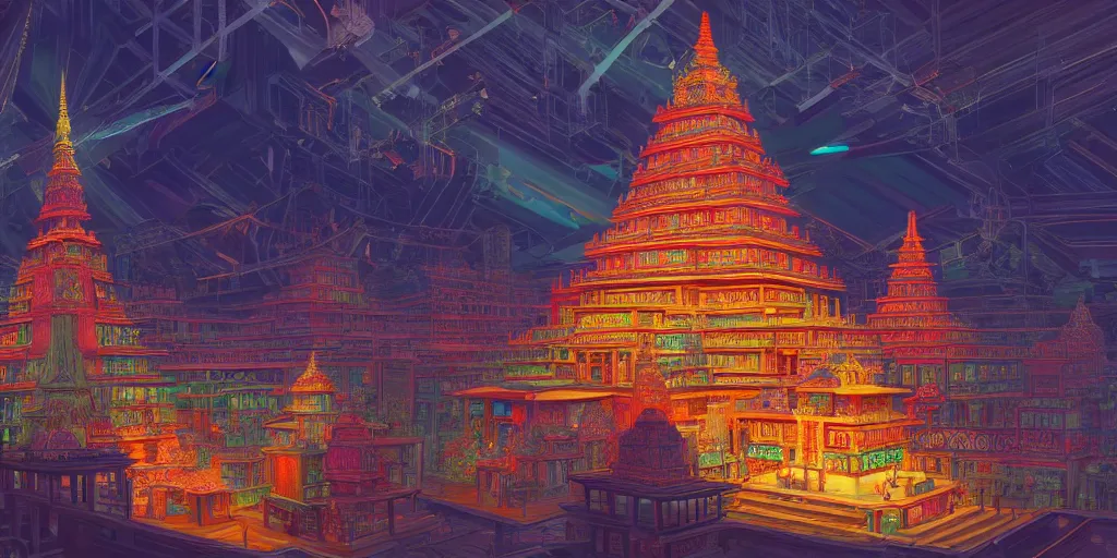 Image similar to a temple made of semiconductors, by Naomi Okubo, landscape, dramatic lighting, high contrast colors, panoramic view, as trending on Artstation,