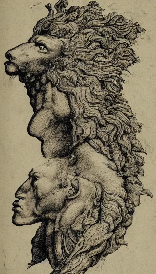 Image similar to human / eagle / lion / ox hybrid. horns, beak, mane, human body. drawn by da vinci