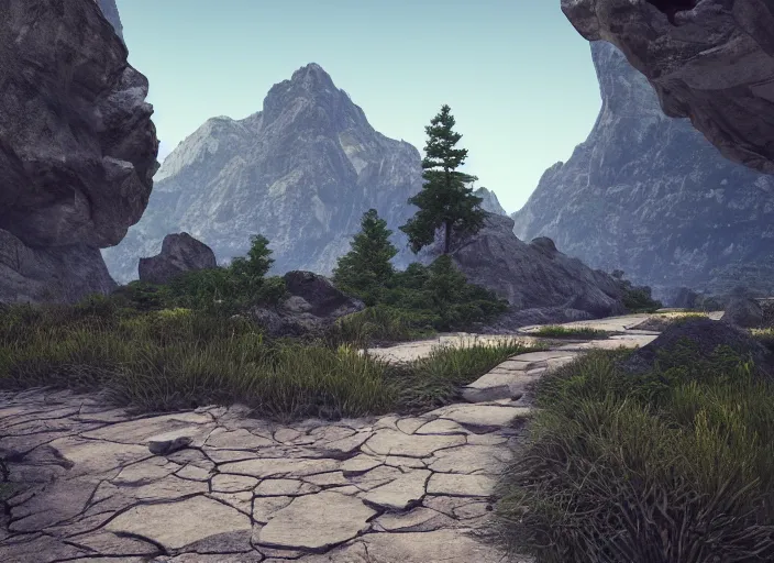 Prompt: pathway between mountains, rocks unreal engine render