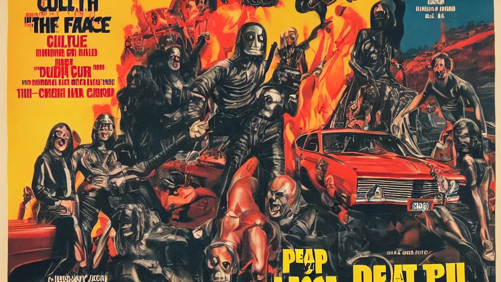 Prompt: movie poster for the movie death race three thousand, cult cinema, pulp cinema, vintage, nineteen seventies, saturated color, lobby card, ultra realistic, highly detailed, basil gogos
