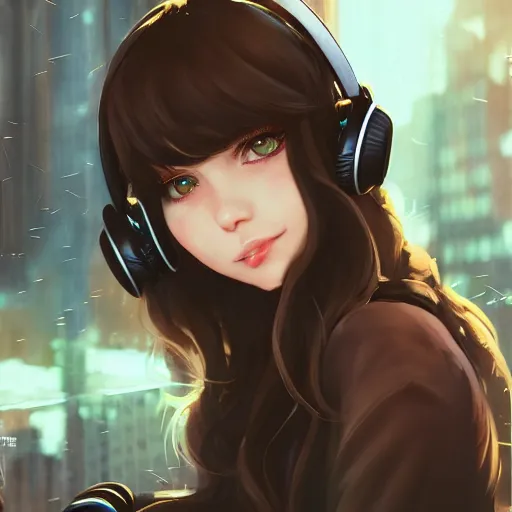 Prompt: beautiful full portrait of a girl, brunette curvy long hair, full - body shot, wearing cyberpunk headphones, streetwear, like a fashion model + high detailed, resolution beautifully detailed landscape 8 k, cinematic, 8 k, by bukurote + krenz cushart + ryota - h + wlop