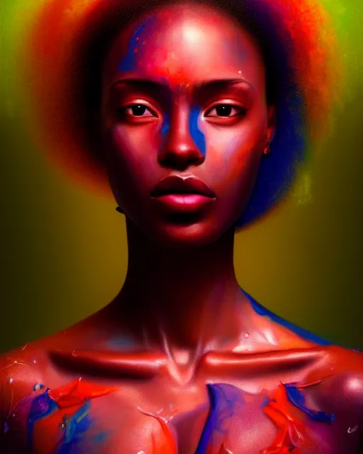 Image similar to very beautiful woman, face submerged in colorful oils, dark skin, realism, extreme detail, real life, soft light, volumetric light, 3 d shadows, james jean, photoshoot