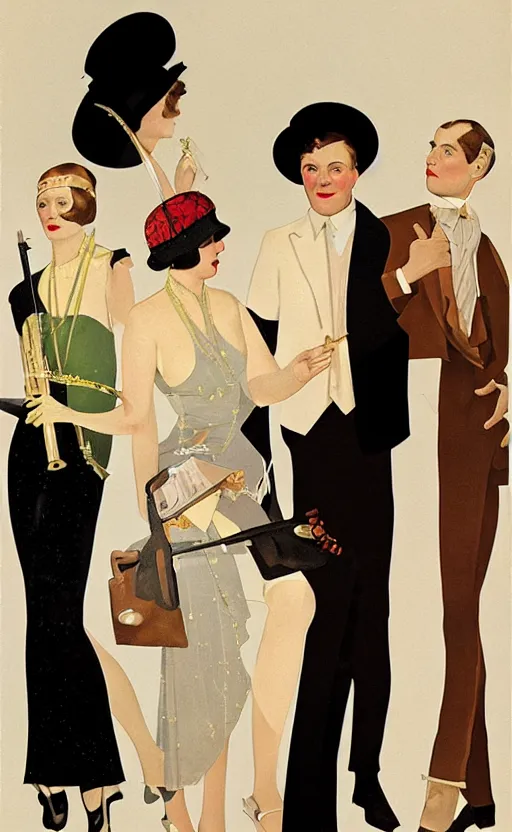 Image similar to a painting depicting Jazz Age high society people, 1920s style, smooth, highly detailed, high contrast, Coles Phillips, Dean Cornwell, JC Leyendecker, 8K