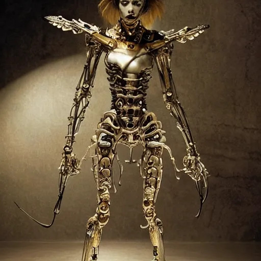 Image similar to still frame from Prometheus movie by Makoto Aida, biomechanical orchids mantis angel gynoid by giger, metal couture by neri oxmn and Guo pei, editorial by Malczewski and by Caravaggio