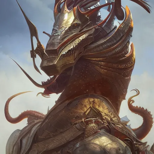 Prompt: knight with head of dragon as his trophy, highly detailed, digital painting, cgsociety , concept art, sharp focus, illustration, art by artgerm and greg rutkowski and alphonse mucha