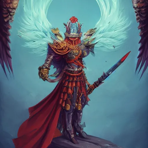 Prompt: A Highly Detailed godly knight with crimson wings of blade feathers by Peter Mohrbacher, an king of carrot flowers by Kelly Mckernan, trending on artstation, HD, 4k