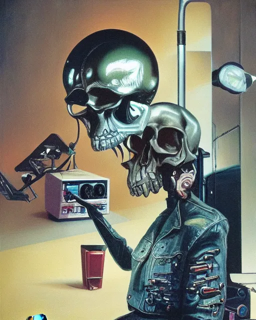 Prompt: a sarcastic skull observing 8 0 s era technology, vintage shapes, retro technology, vintage color, wayne barlow, oil on canvas, deep depth of field, masterpiece, cinematic composition, hyperdetailed