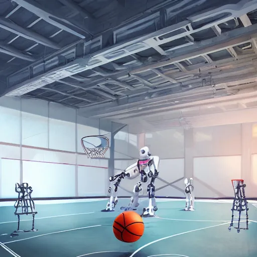 Image similar to three large white glossy kuka industrial robot arms playing basketball in a gym, global illumination, artstation, fantasy