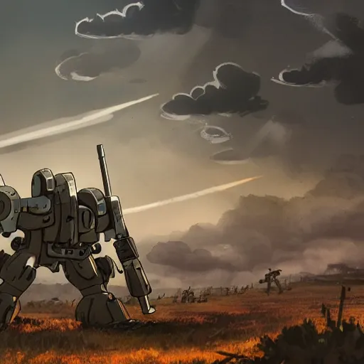 Image similar to a mech with guns on each arm preparing for combat, battlefield, dead trees, fire, smoke, dark clouds, slightly sunny, ominous, intense, epic, extremely detailed, cinematic lighting, studio ghibli, anime,