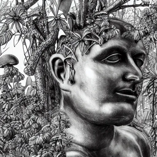 Prompt: botanical sketch of The thinker sculpture with a mechanical/cybernetic head, mushrooms and peyote/san pedro at the base, surrounded by a lush jungle and morning glory flowers, high detail, b&w,