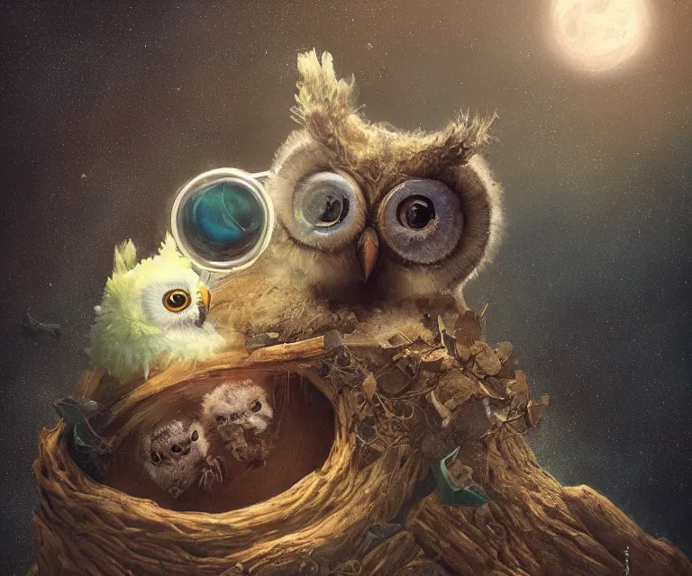 Image similar to long shot of a very cute owl chick nesting in a very futuristic cup, esao andrews, humorous illustration, hyperrealistic, big depth of field, warm colors, night scenery, low light, 3 d octane render, 4 k, conceptart, hyperdetailed, hyperrealistic, trending on artstation