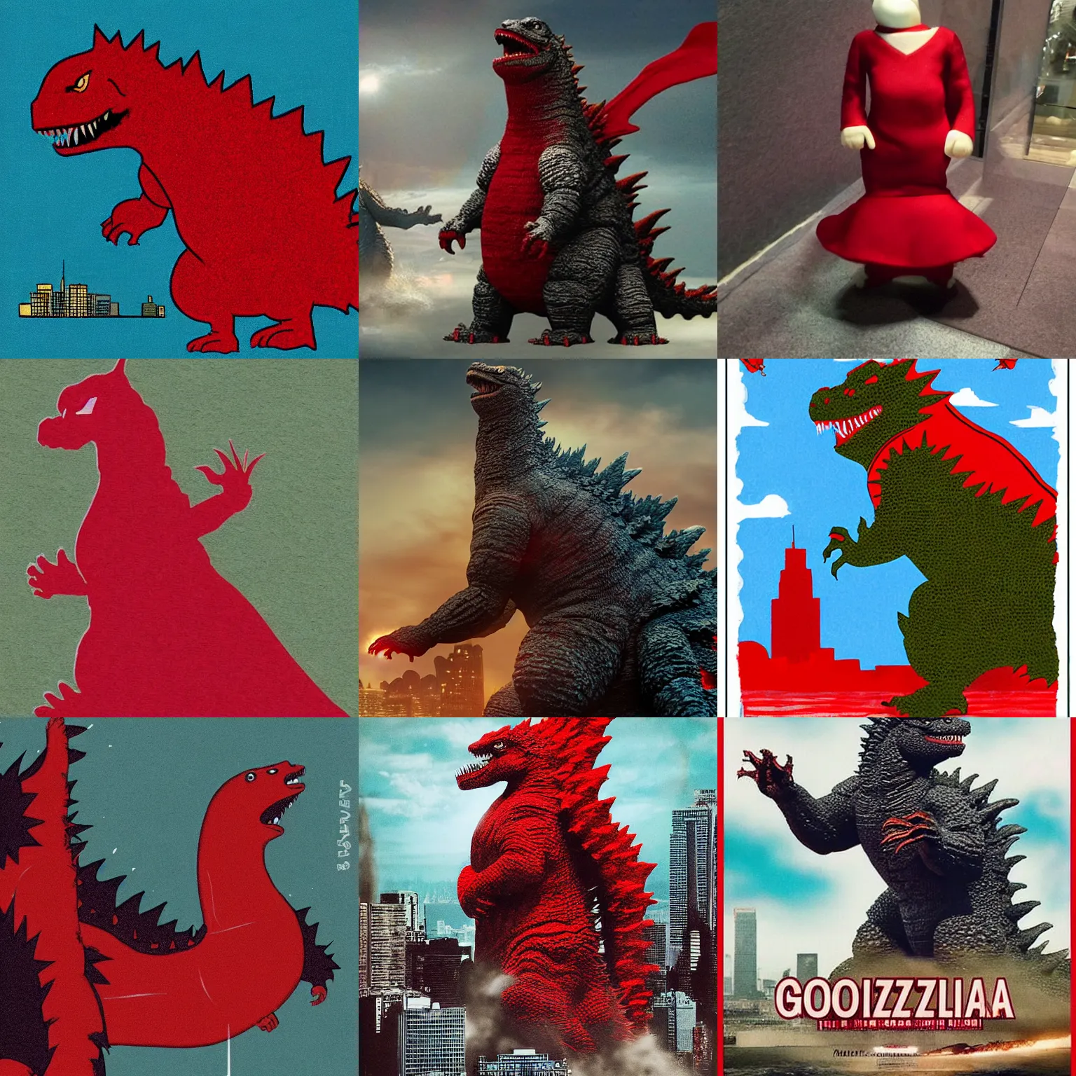 Prompt: godzilla is wearing a red dress