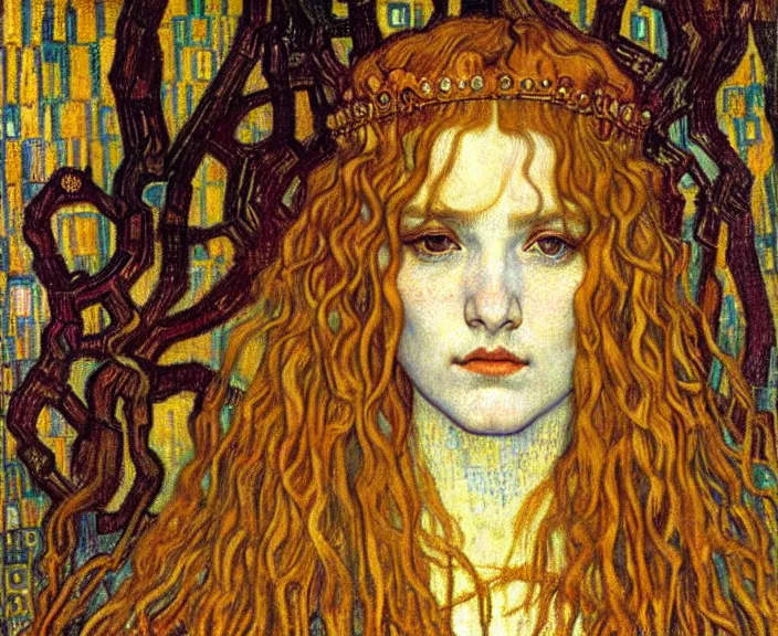 Image similar to detailed realistic beautiful young medieval queen face portrait by jean delville, gustav klimt and vincent van gogh, art nouveau, symbolist, visionary, gothic, pre - raphaelite, muted earthy colors, desaturated