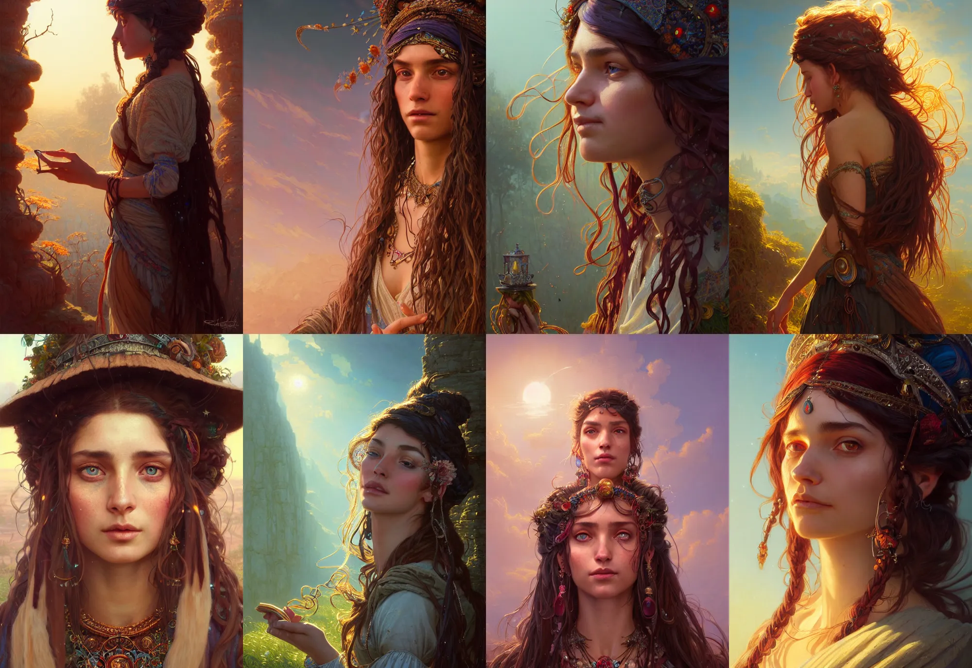 Prompt: highly detailed portrait of a gypsy with long hairs, stephen bliss, unreal engine, fantasy art by greg rutkowski, loish, rhads, ferdinand knab, makoto shinkai and lois van baarle, ilya kuvshinov, rossdraws, tom bagshaw, alphonse mucha, global illumination, radiant light, detailed and intricate environment