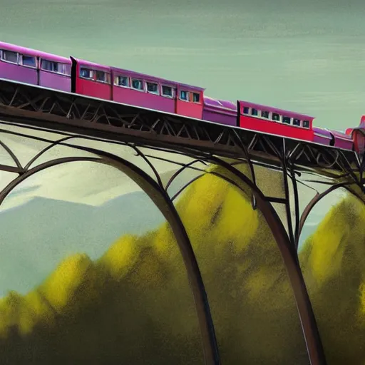 Image similar to train going over a trestle bridge in the mountains, concept art, illustrated, highly detailed, high quality, bright colors, optimistic,