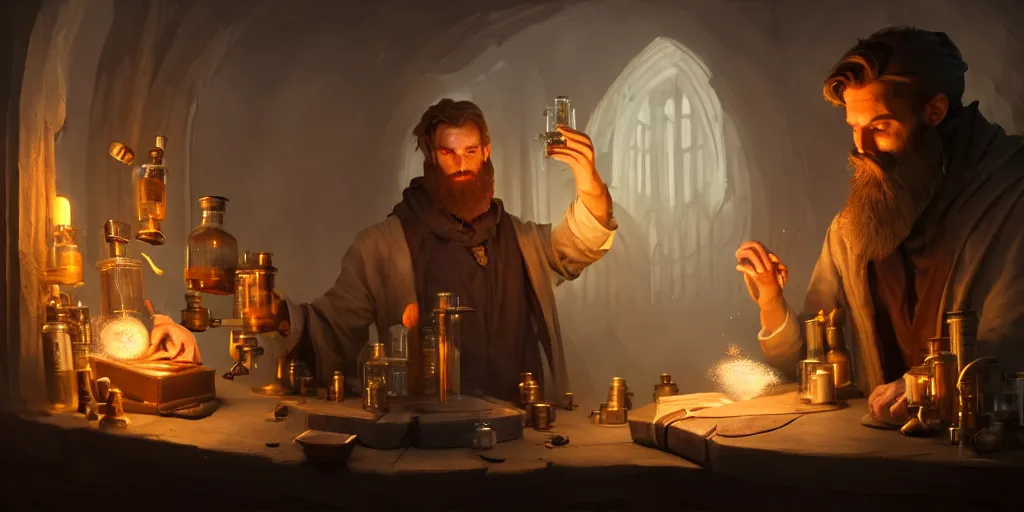 Image similar to a handsome bearded caucasian male sorcerer with brown hair, he is in a alchemist lab filled with beakers and equipment, casting a spell from a open book, neutral pose, digital art, concept art, epic composition, 4 k, light rays, super coherent, by dave melvin and greg rutkowski