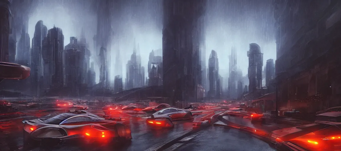 Image similar to futuristic city landscape with cars, concept art, wide angle, hyper realistic, artstation, moody, rainy, 4 k, volumetric lighting,