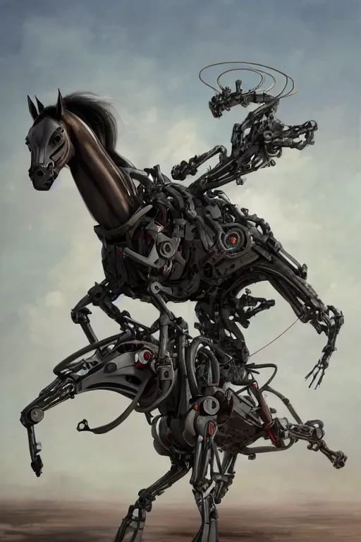 Image similar to 3 quarter view photography portrait of a biomechanical stalion horse illustrated by greg rutkowski and Akira Saito and Peter mohrbacher, boston dynamics, 4k,