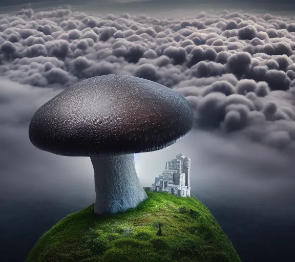 Prompt: a giant mushroom that has a city built from it and stretches above the clouds. highly detailed 8 k. intricate. lifelike. soft light. nikon d 8 5 0. cinematic post - processing