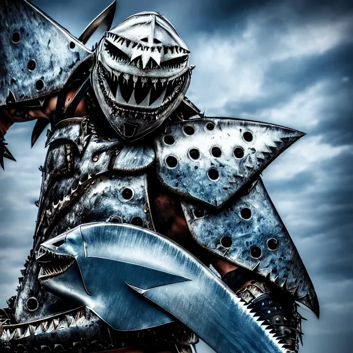 Image similar to photo of a warrior with metal shark themed armour, highly detailed, 4 k, hdr, smooth, sharp focus, high resolution, award - winning photo