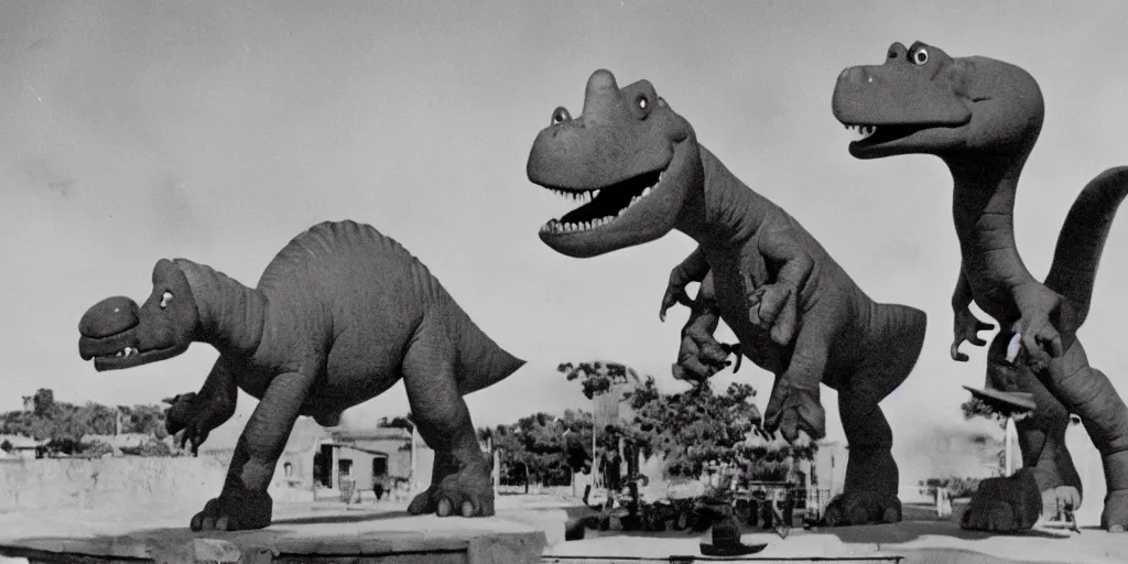 Prompt: Barney the dinosaur in 1945