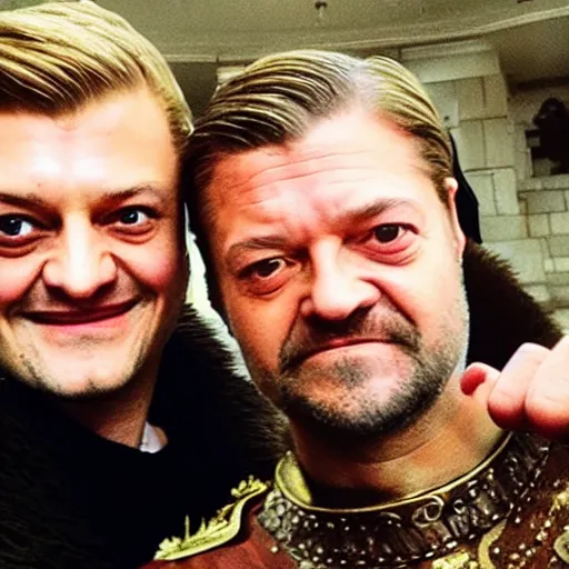 Image similar to “Joffrey Baratheon, taking a selfie with Ned Stark”