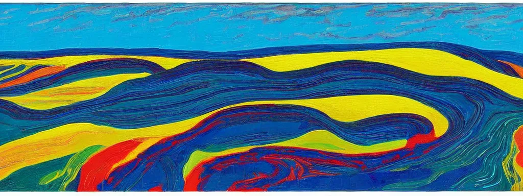 Prompt: Psychedelic sci-fi dreamworld. Landscape painting. Organic. Winding rushing water. Waves. Clouds. Landscape by Alex Katz. Wayne Thiebaud.