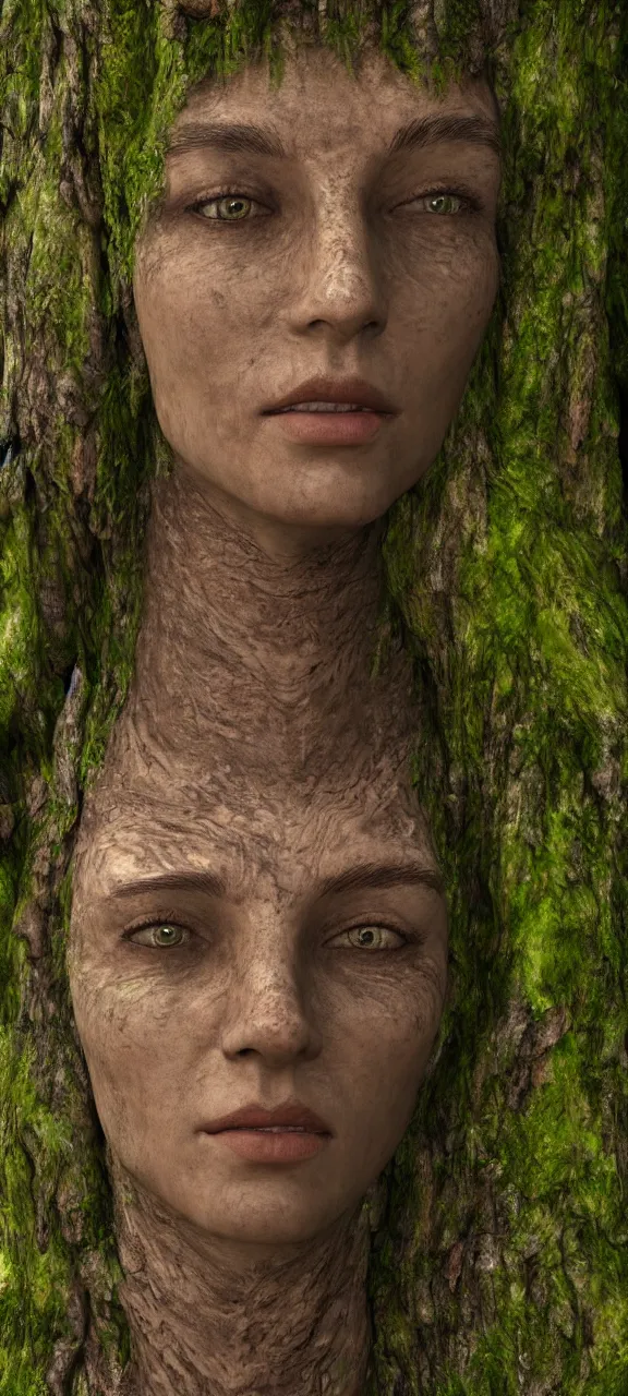 Image similar to photograph of hyperrealistic hyperdetailed ancient woman face in the shape of a tree covered with bark and moss, in a dark mysterious forest, unreal engine, octane,