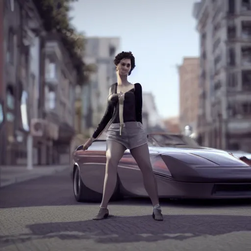 Image similar to car, woman, street, milo manara, octane render