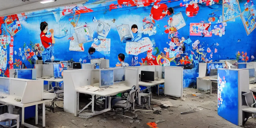 Image similar to a flickr screenshot of an abandoned internet cafe with a blue wall mural, and a japanese sign, with artworks of people playing on computers on the mural