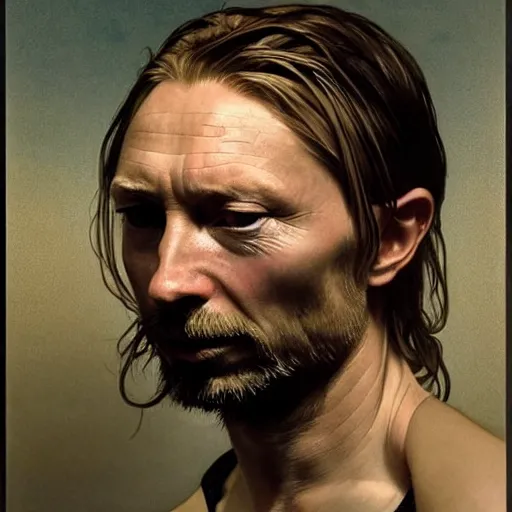 Prompt: hyper realistic, variations portrait of smooth old thom yorke hairless, strong variations singer songwriter, ( side ) profile, liminal space, by lee bermejo, alphonse mucha and greg rutkowski, no beard, smooth face