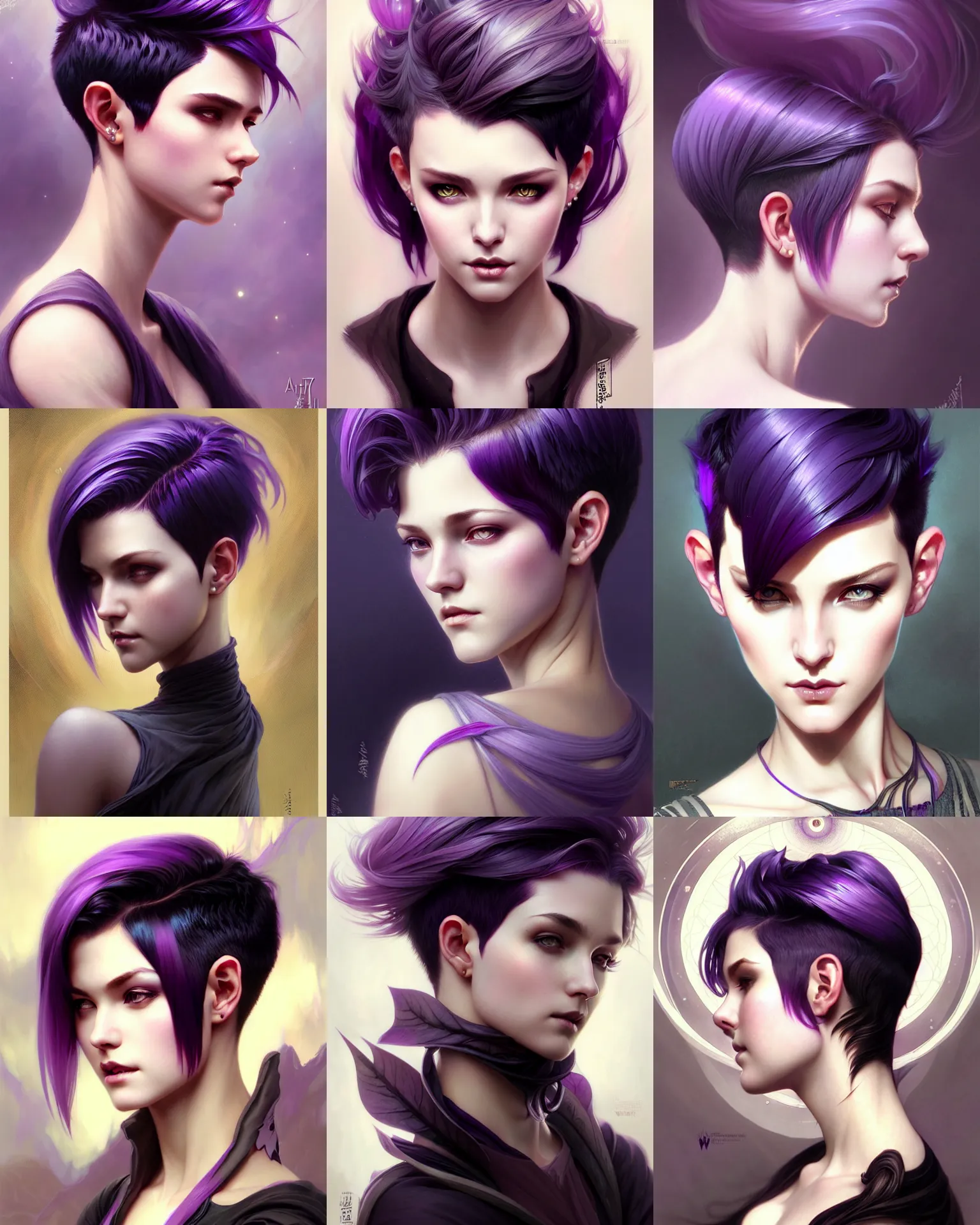 Image similar to fantasy portrait, pixie undercut hairstyle, black to purple fade hair color, intricate, elegant, sharp focus, illustration, highly detailed, digital painting, concept art, matte, art by WLOP and Artgerm and Greg Rutkowski and Alphonse Mucha, masterpiece