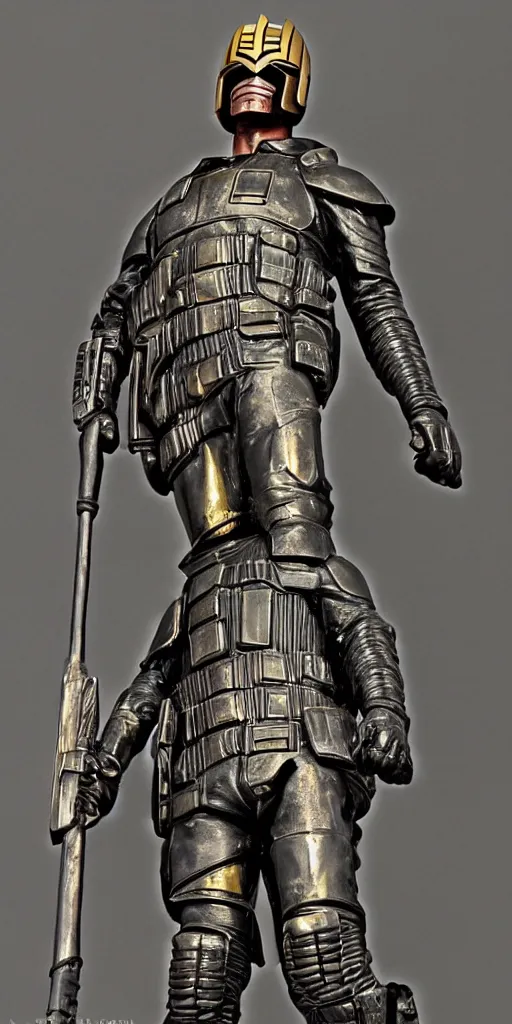 Image similar to 6 0 meter high bronze statue of judge dredd, smooth, glossy, polished, fine workmanship, attention to detail, high definition