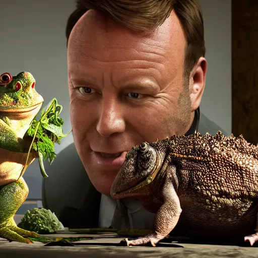 Prompt: Alex Jones and a big toad having a romantic meal, hyper realistic, dynamic pose, high detail, octane render, unreal engine, 8k, fantasy art, highly detailed, dramatic lighting, concept art